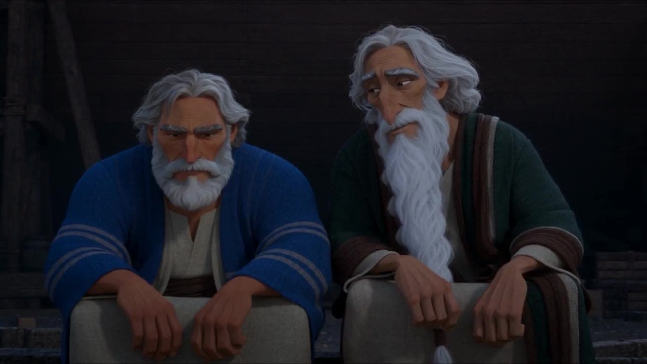 Noah and an aged Methuselah seated at the base of the unfinished ark at night