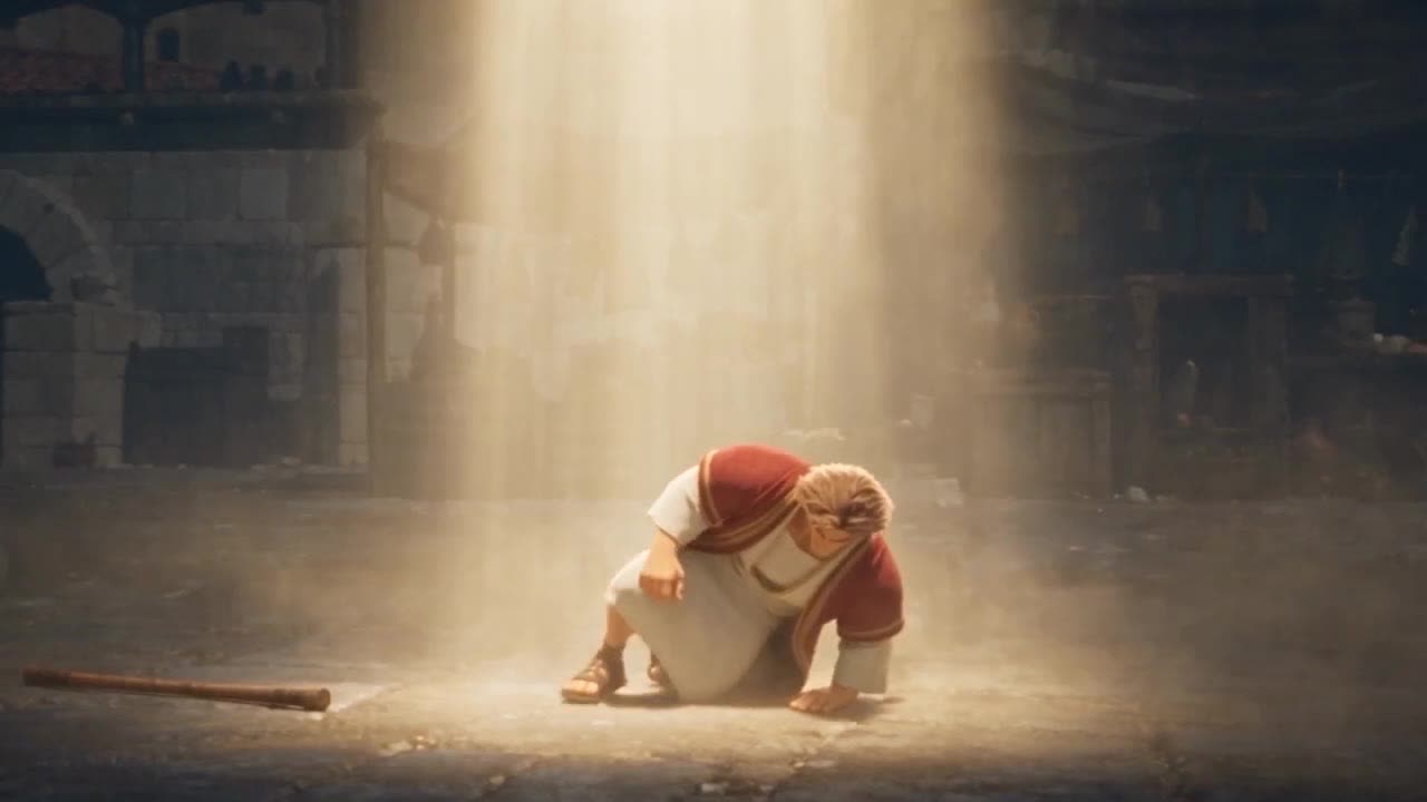 Enoch kneeling in a shaft of golden light in the ruined market street