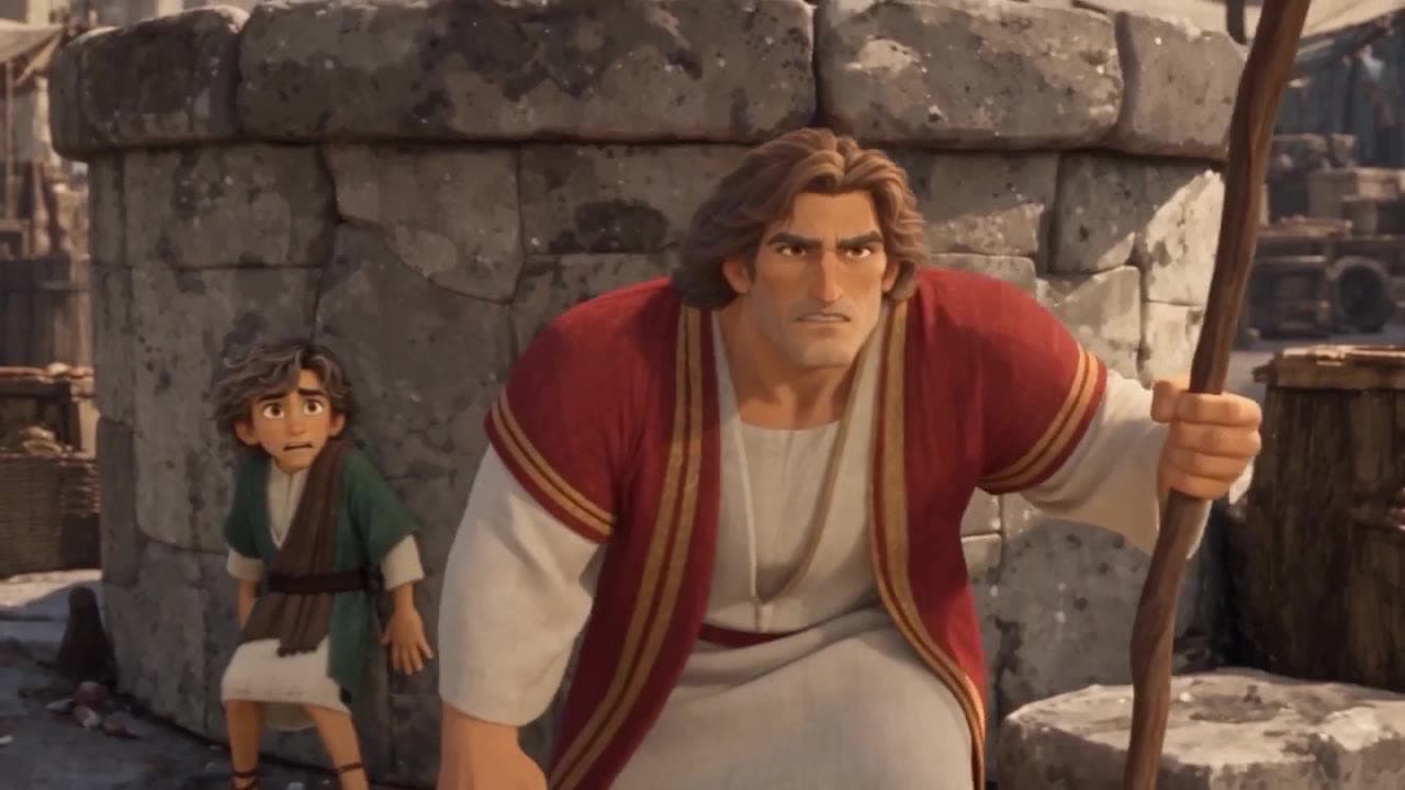 Enoch with his staff beside young Methuselah at the well in the market