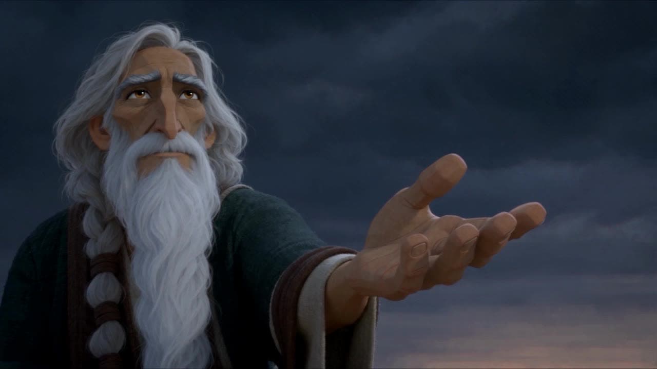 An aged Methuselah raising his open palm to the night sky
