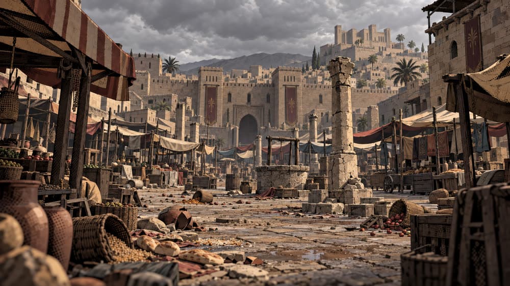 Location image of the crowded market street inside the walled city