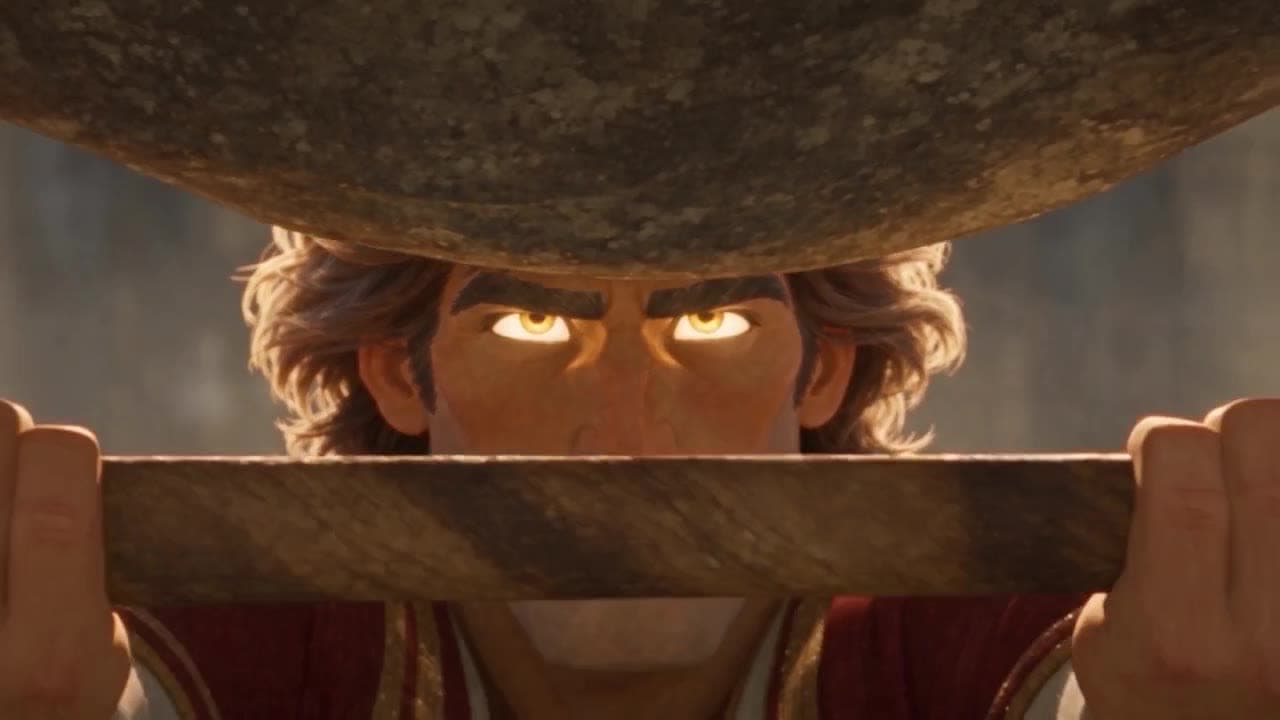 Enoch, eyes glowing, holding his staff up as a giant’s boulder comes down on him