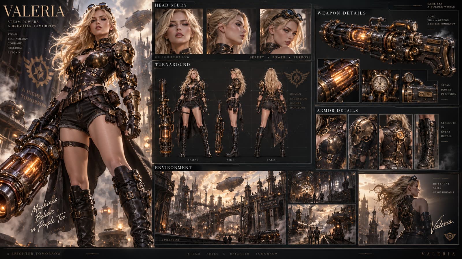A busy annotated character sheet of Valeria with many small faces, text, and a dark background