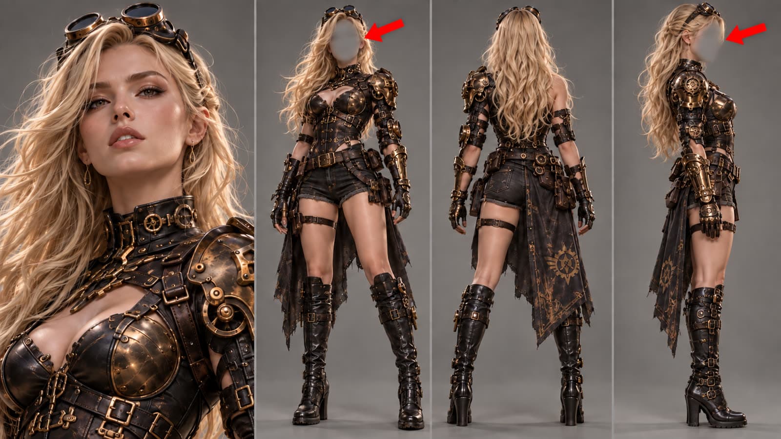 Valeria character sheet with red arrows pointing at the greyed-out faces on the full-body views