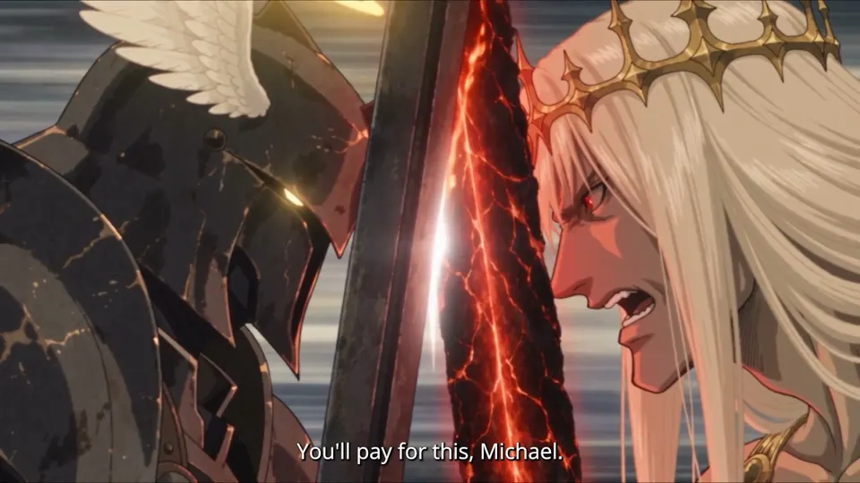 Michael and Lucifer clash, a frame from The Morning Star