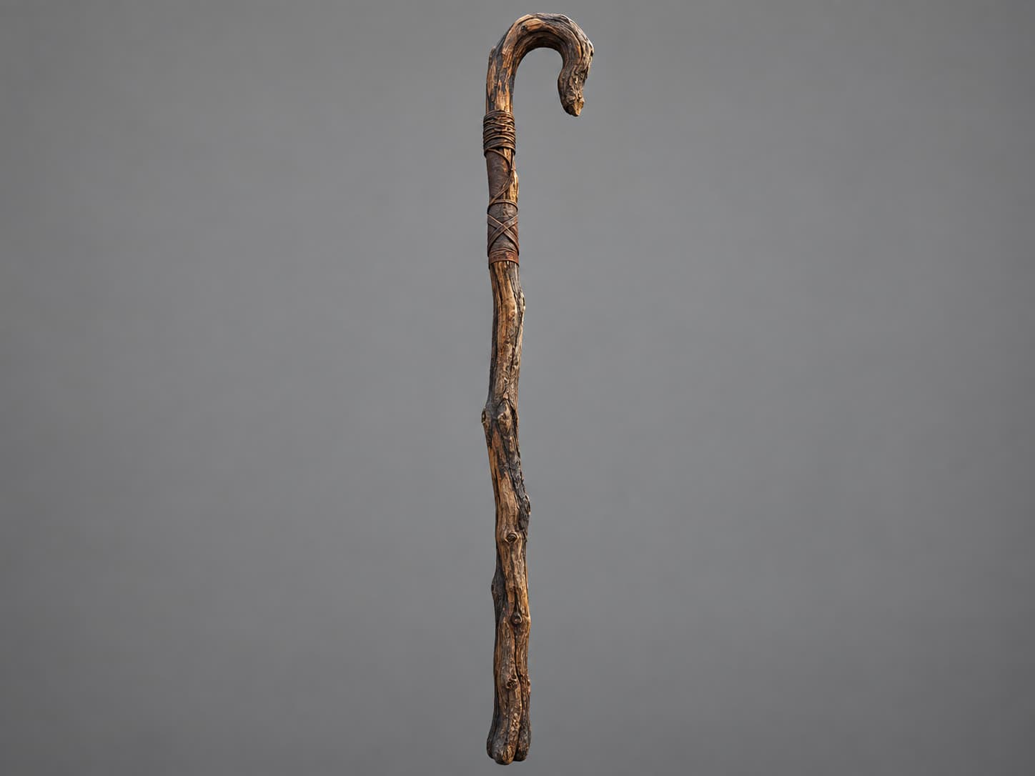 Moses’ wooden staff alone on a grey studio background
