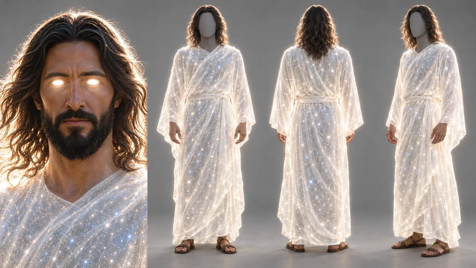 A four-panel AI character sheet of Jesus on a grey background: a close-up headshot, then front, back, and side full-body views with greyed-out faces