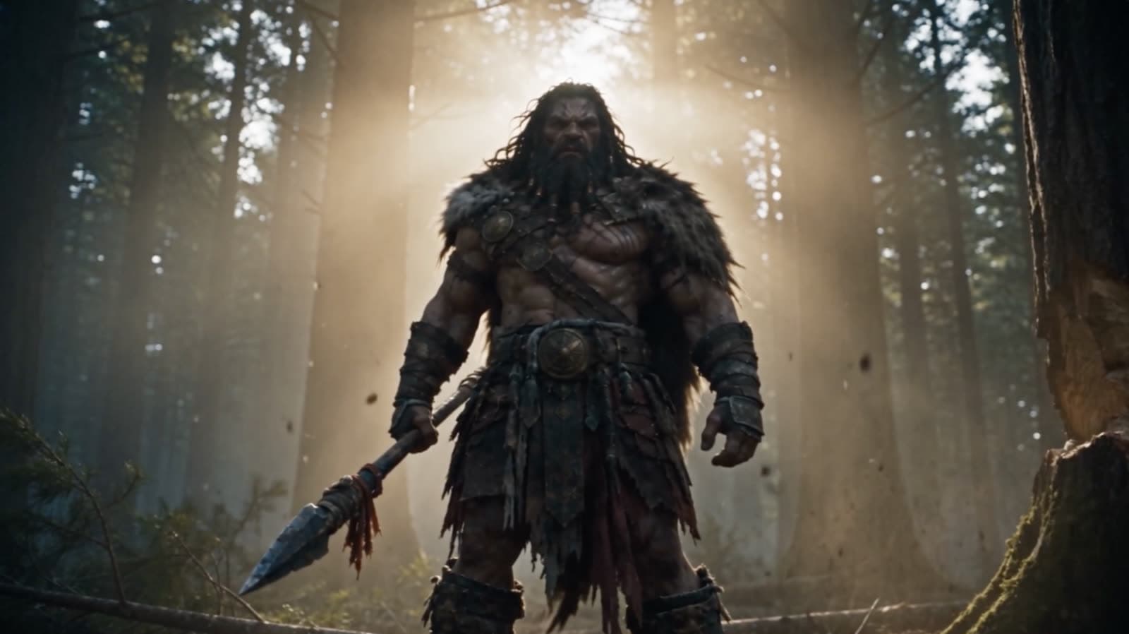 The Nephilim standing in a sunlit forest, holding his spear