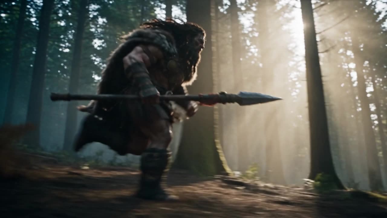 The Nephilim running through a forest carrying his spear