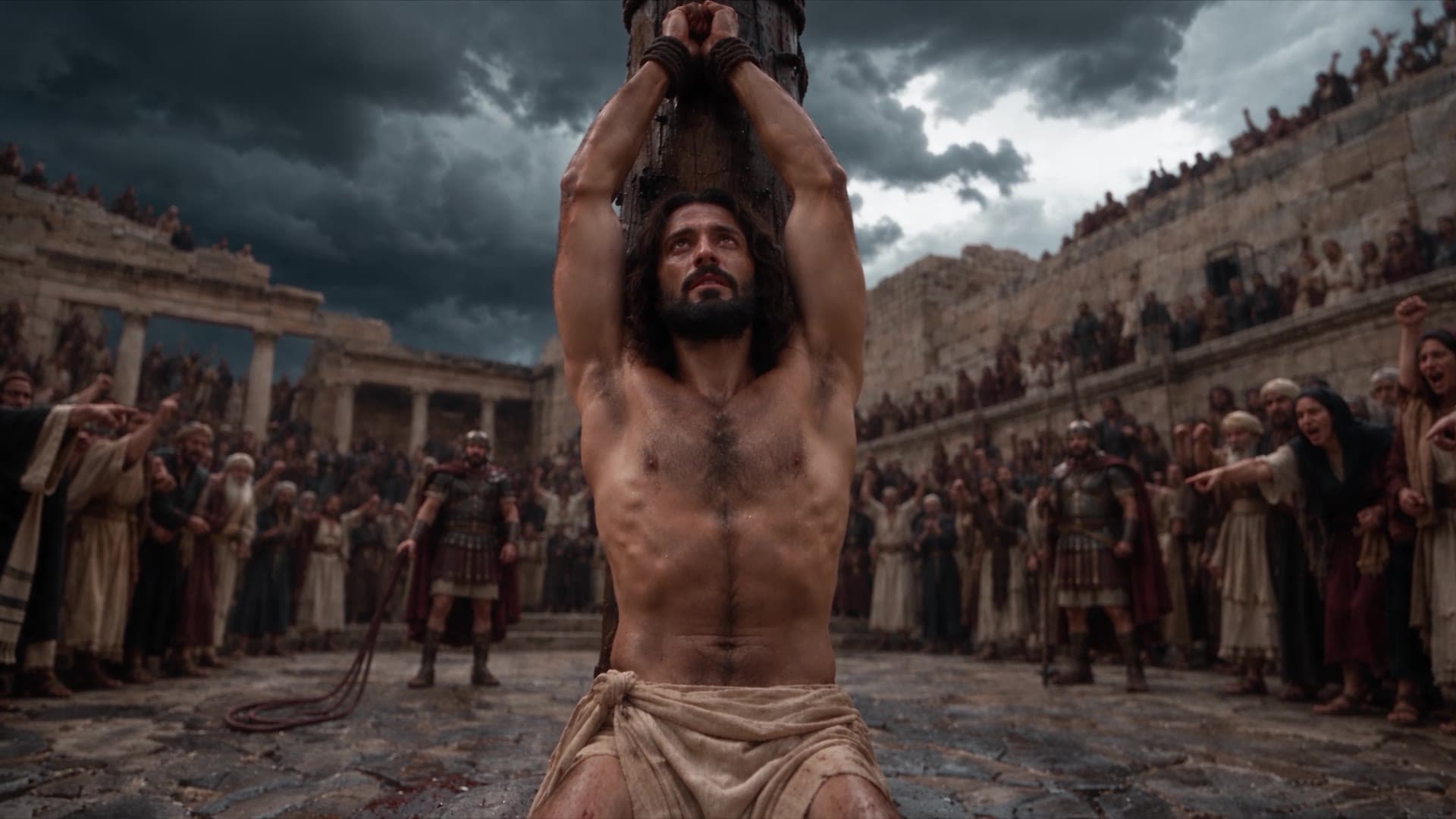 Jesus bound to the post in the Roman courtyard, the crowd around him under a storm sky