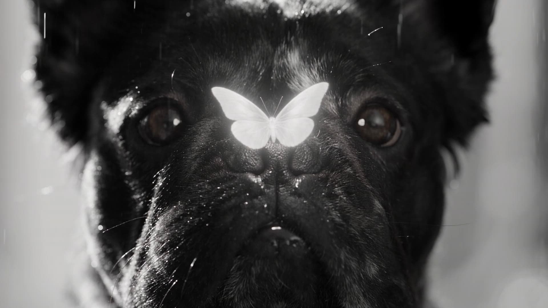 A glowing white butterfly resting on a French bulldog’s wet black nose, in black and white