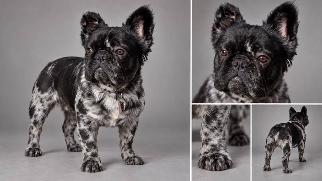A reference sheet of a black and grey French bulldog: full body, a close-up of the face, a paw and the back