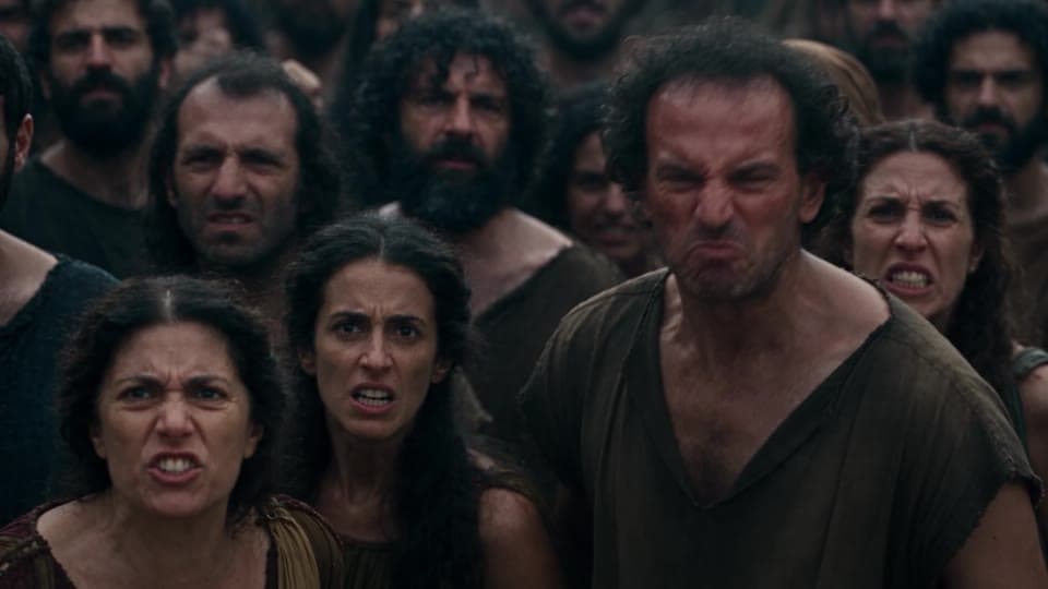 The same frame of the courtyard crowd, finalized at 1080p