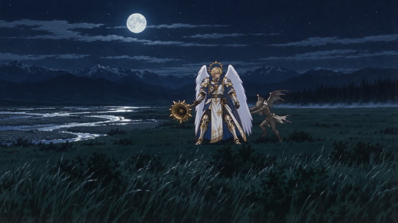 Gabriel, an archangel in white and gold, fighting the fallen on a moonlit plain
