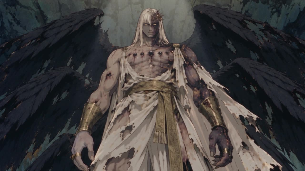 Lucifer in torn white cloth, his wings burned to black shards, standing in a dark cave