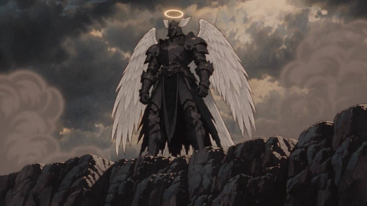 Michael, an armored angel with white wings, standing on the rim of a burned crater