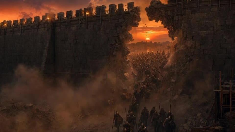 An army pouring through a breach in a city wall