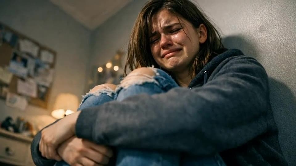 A teenage girl crying, hugging her knees against her bedroom wall