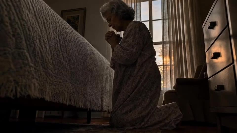 A grandmother kneeling beside her bed in prayer in the early morning light