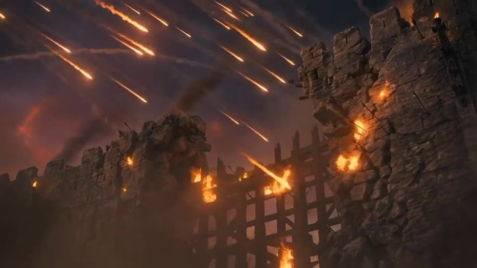 Flaming projectiles raining down on an ancient city wall at dusk