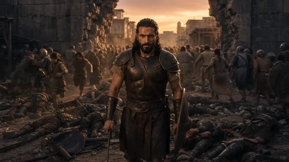 A lone soldier with a shield walking through the rubble of the breached wall