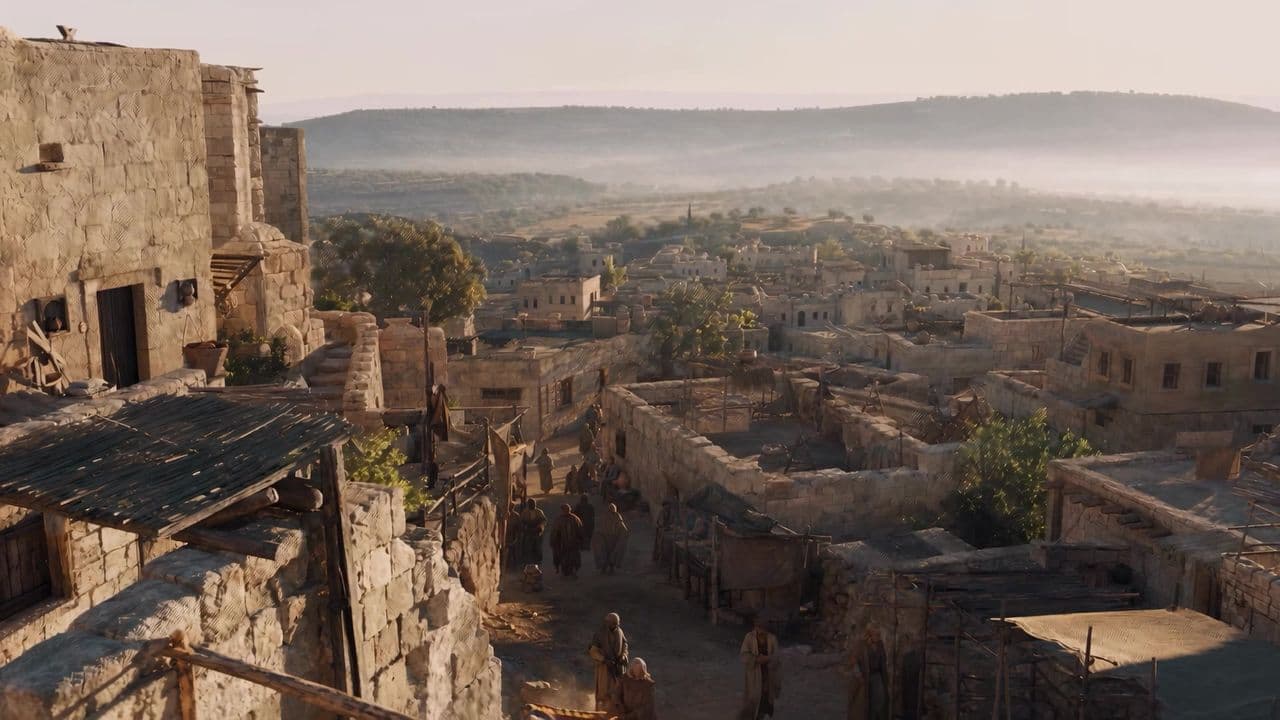 An AI-generated view over the rooftops of ancient Bethlehem at sunrise