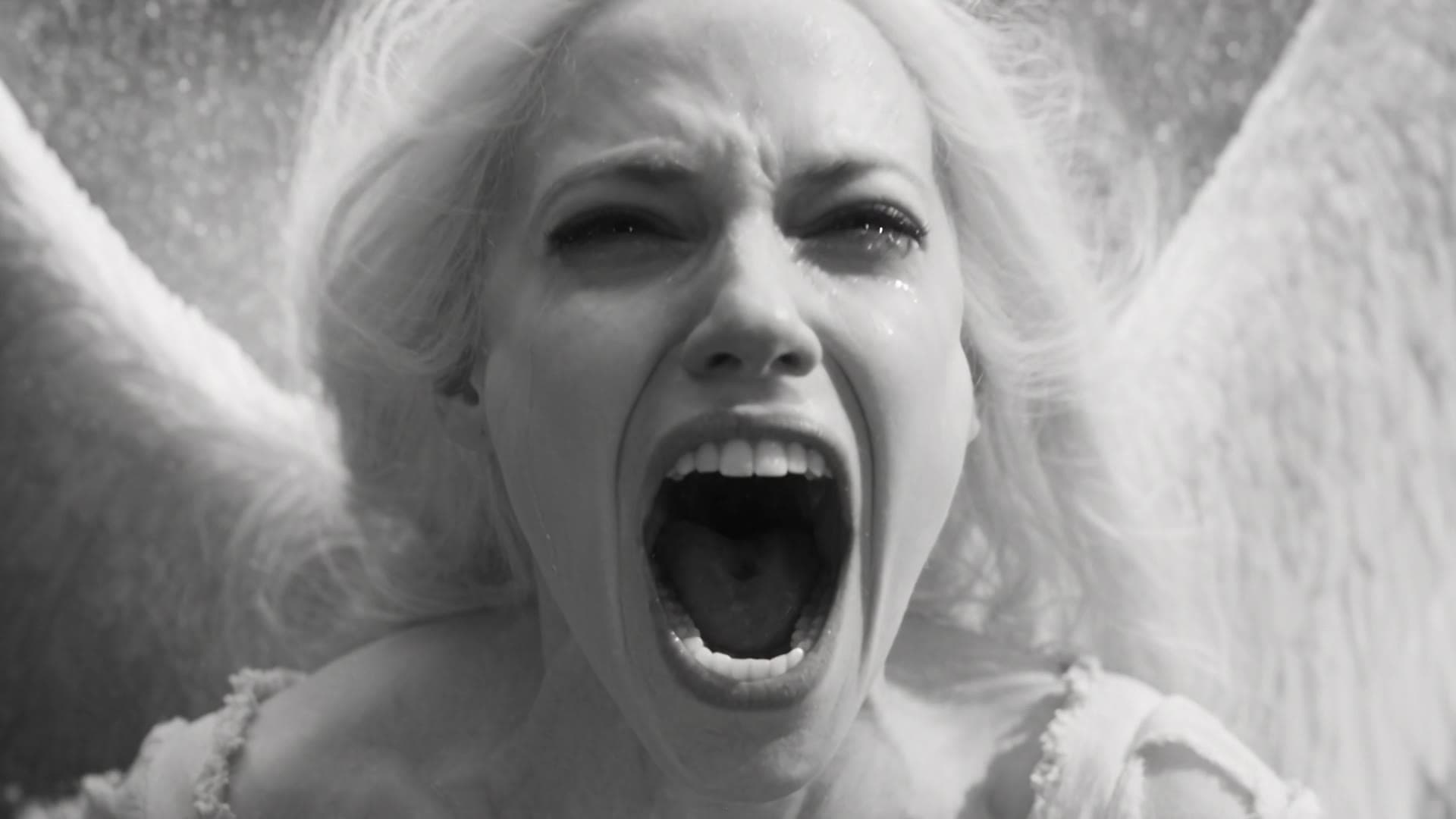 The white angel screaming in the storm, hair whipping in the wind
