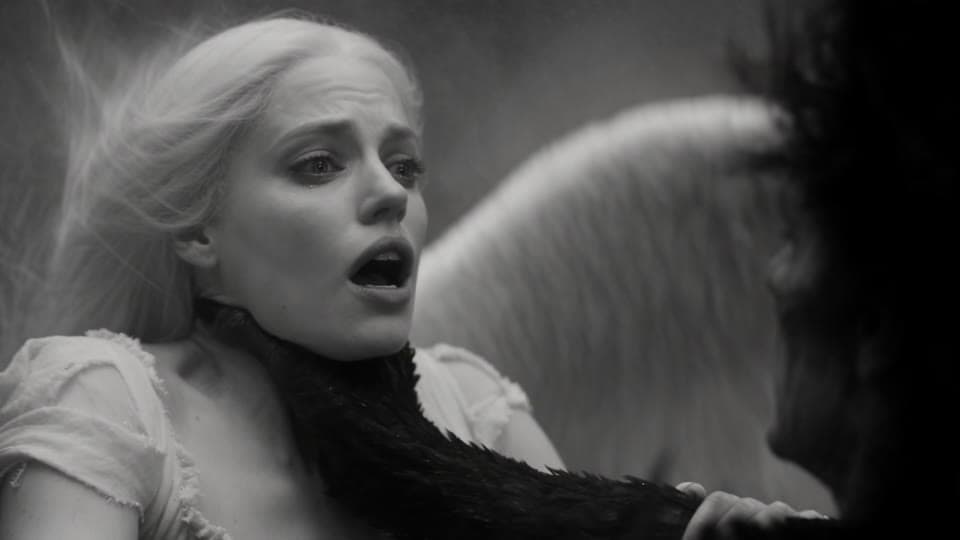 Shot 8: He grabs her throat. She grabs his wing.