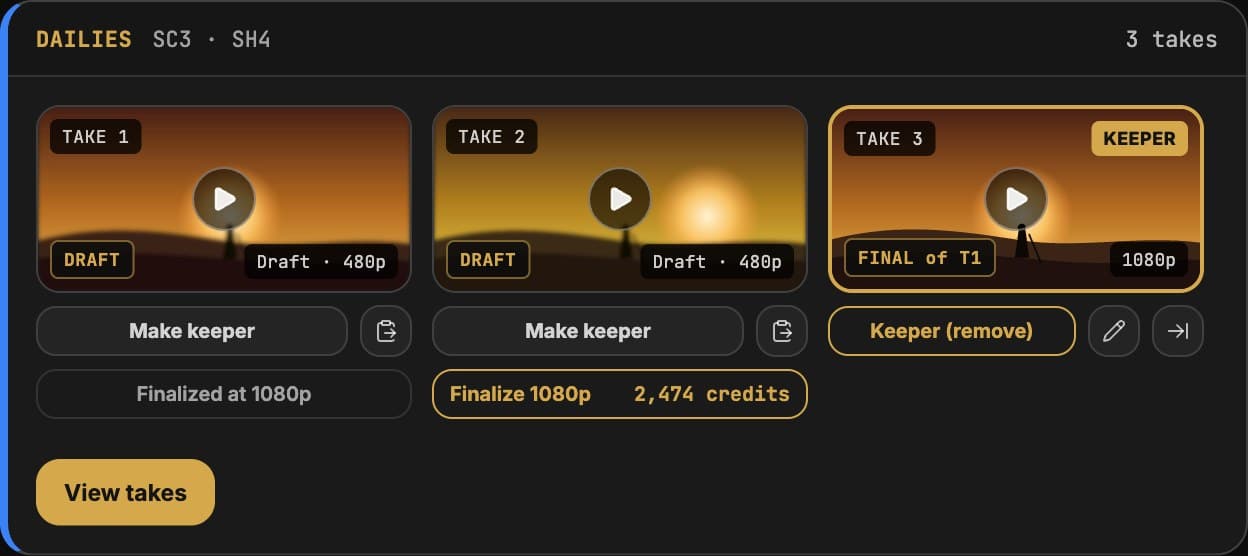 Director Mode dailies: three takes of a shot, with a 1080p final marked as the keeper
