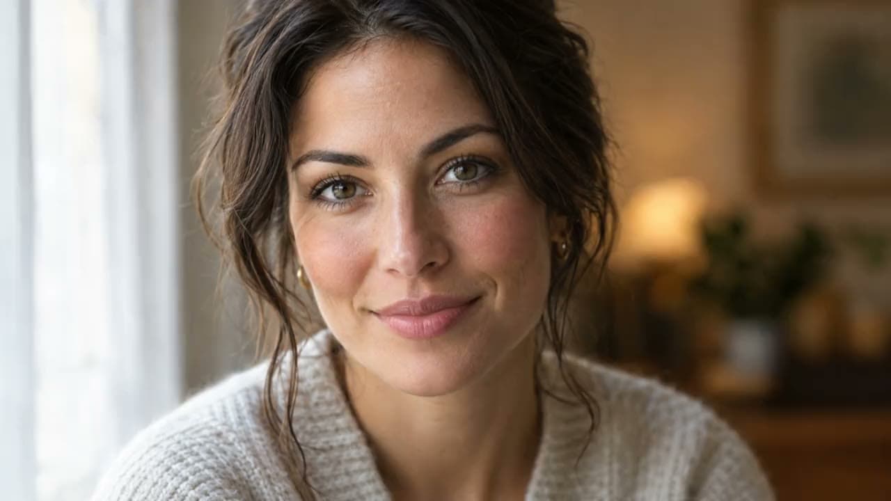 Close-up of a smiling woman in a cream sweater by a window