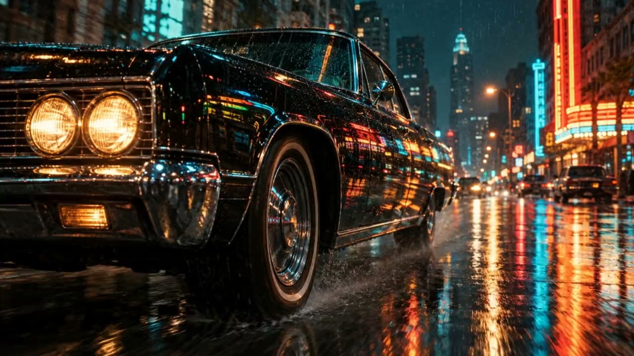 A vintage black car on a wet city street at night, neon reflected in the paint