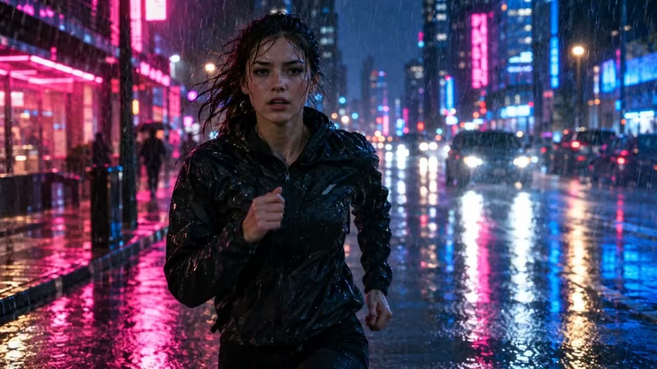 A woman running toward the camera down a rainy, neon-lit city street at night