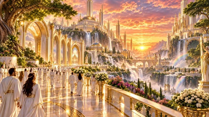 A generated image of the New Jerusalem at sunrise