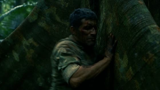 Medium shot: the same soldier hiding behind a tree