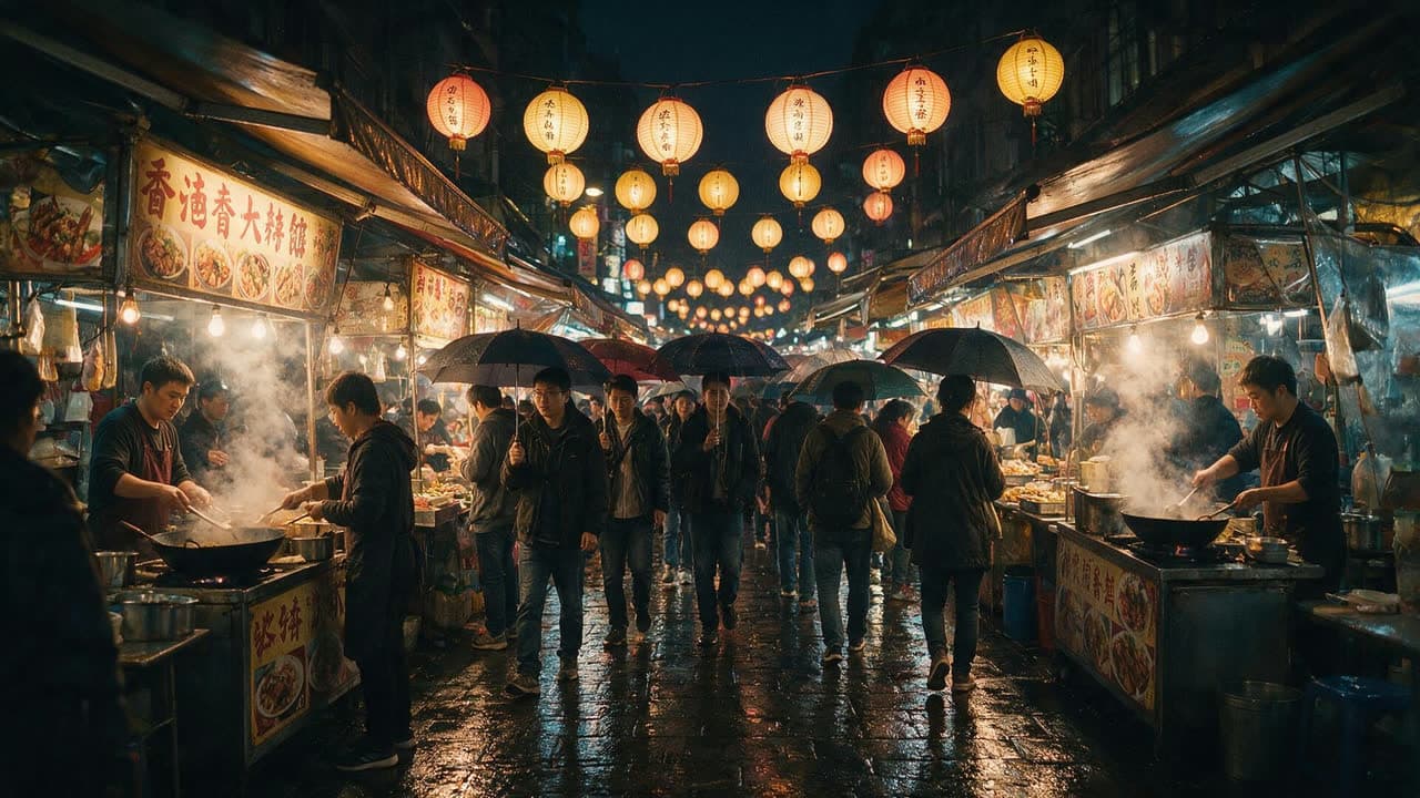 A busy scene at night, made with Seedream 5.0