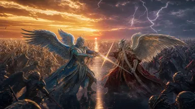 Frame from ACT III — The Duel: Michael Faces the Light, Lucifer Faces the Dark