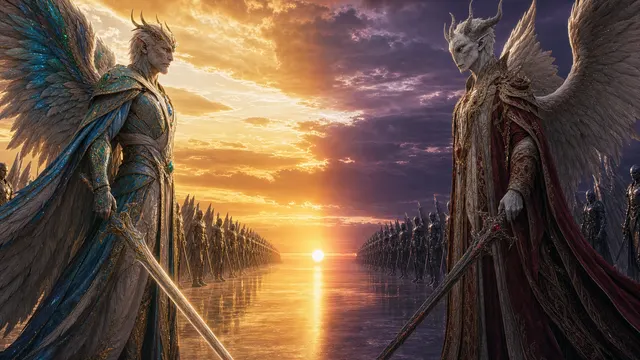 Frame from ACT III — The Duel: Michael Faces the Light, Lucifer Faces the Dark