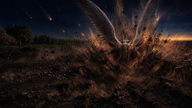 Frame from ACT IV — The Fall: The Light-Bearer and the Light Leave the Sky Together