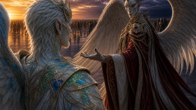 Frame from ACT III — The Duel: Michael Faces the Light, Lucifer Faces the Dark