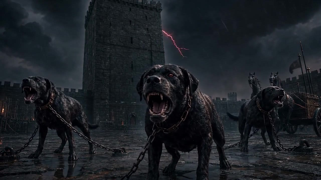 War dogs straining at their chains beneath the tower in the storm