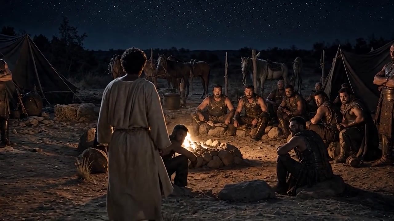 A young messenger walking into a firelit Israelite war camp at night