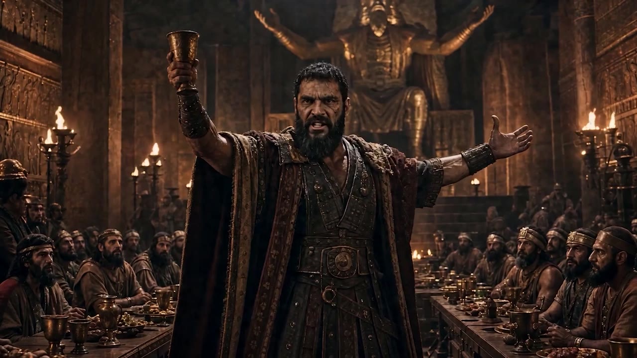Jehu commanding the temple feast with arms spread wide
