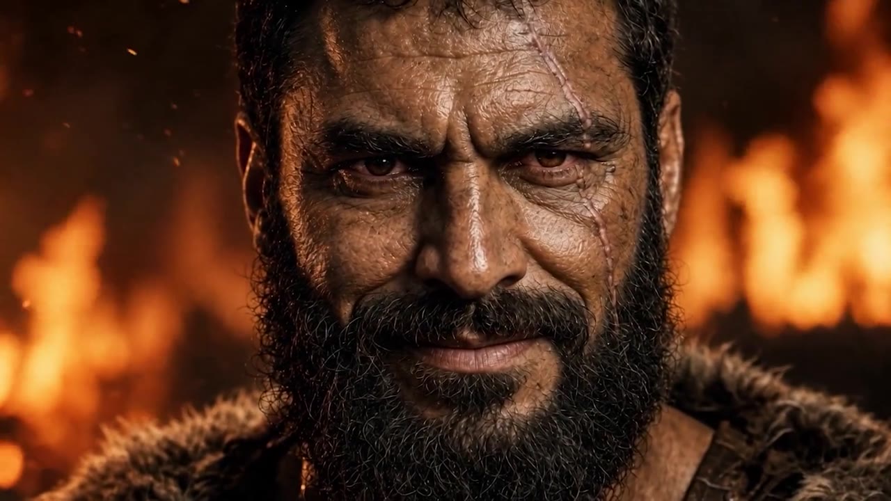 Jehu smiling as the temple of Baal burns behind him