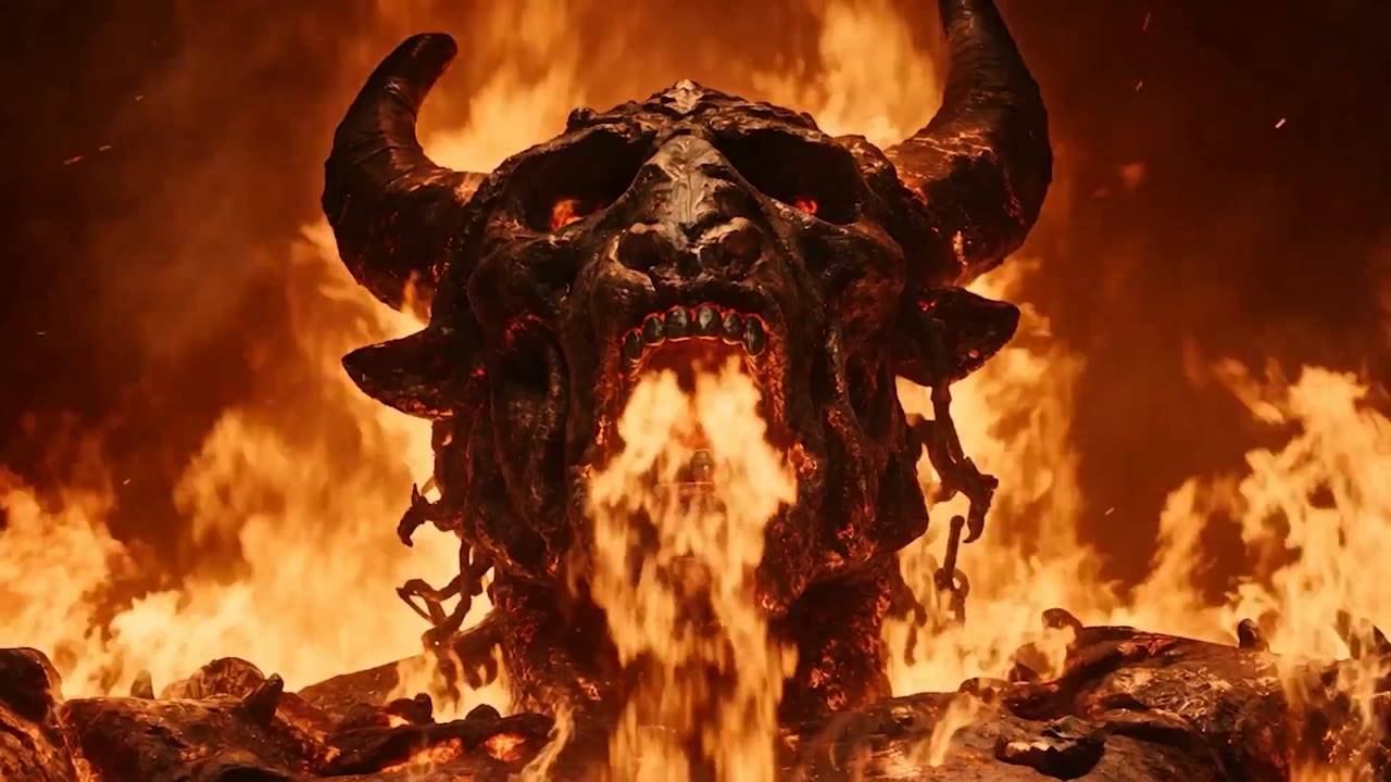 The horned idol of Baal engulfed in flame