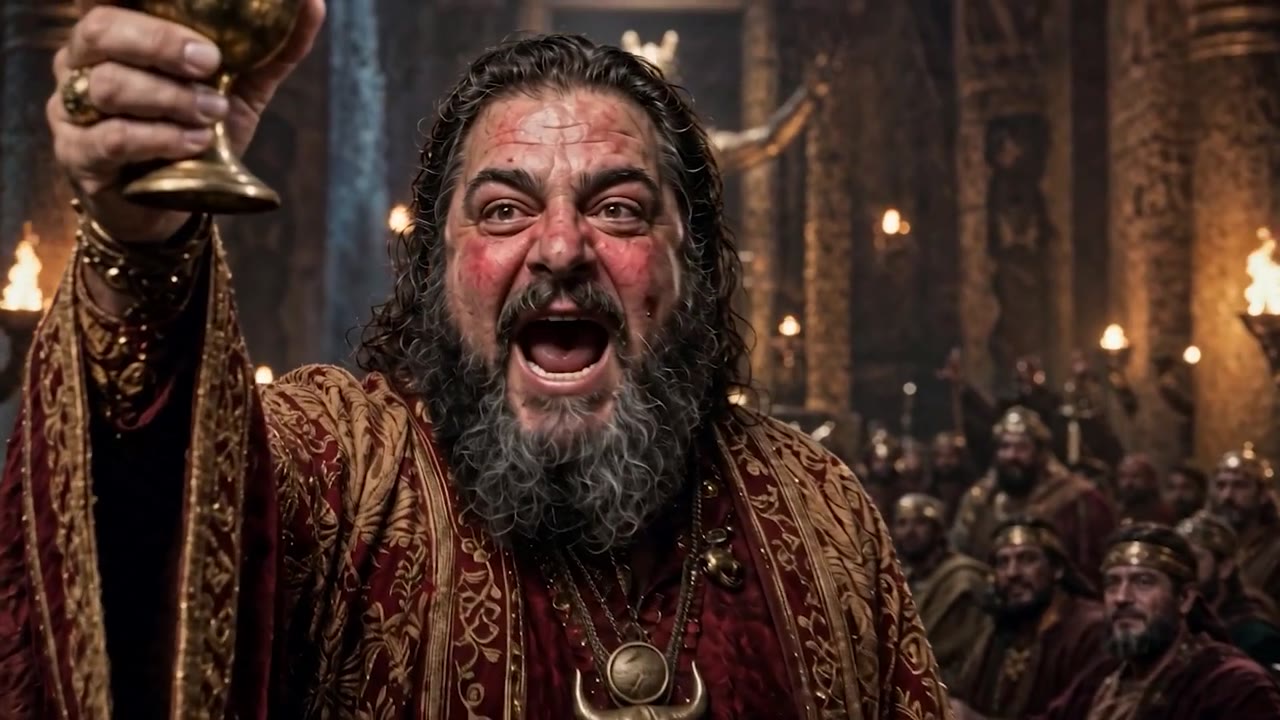 A drunken king raising a golden cup at the temple feast