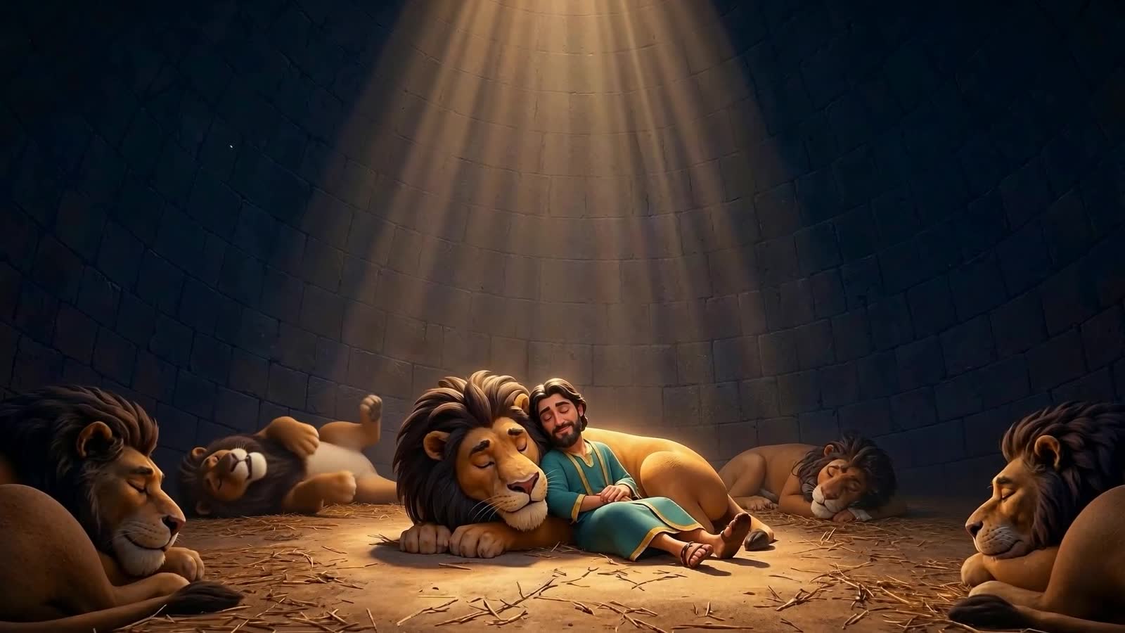 Daniel asleep against a lion
