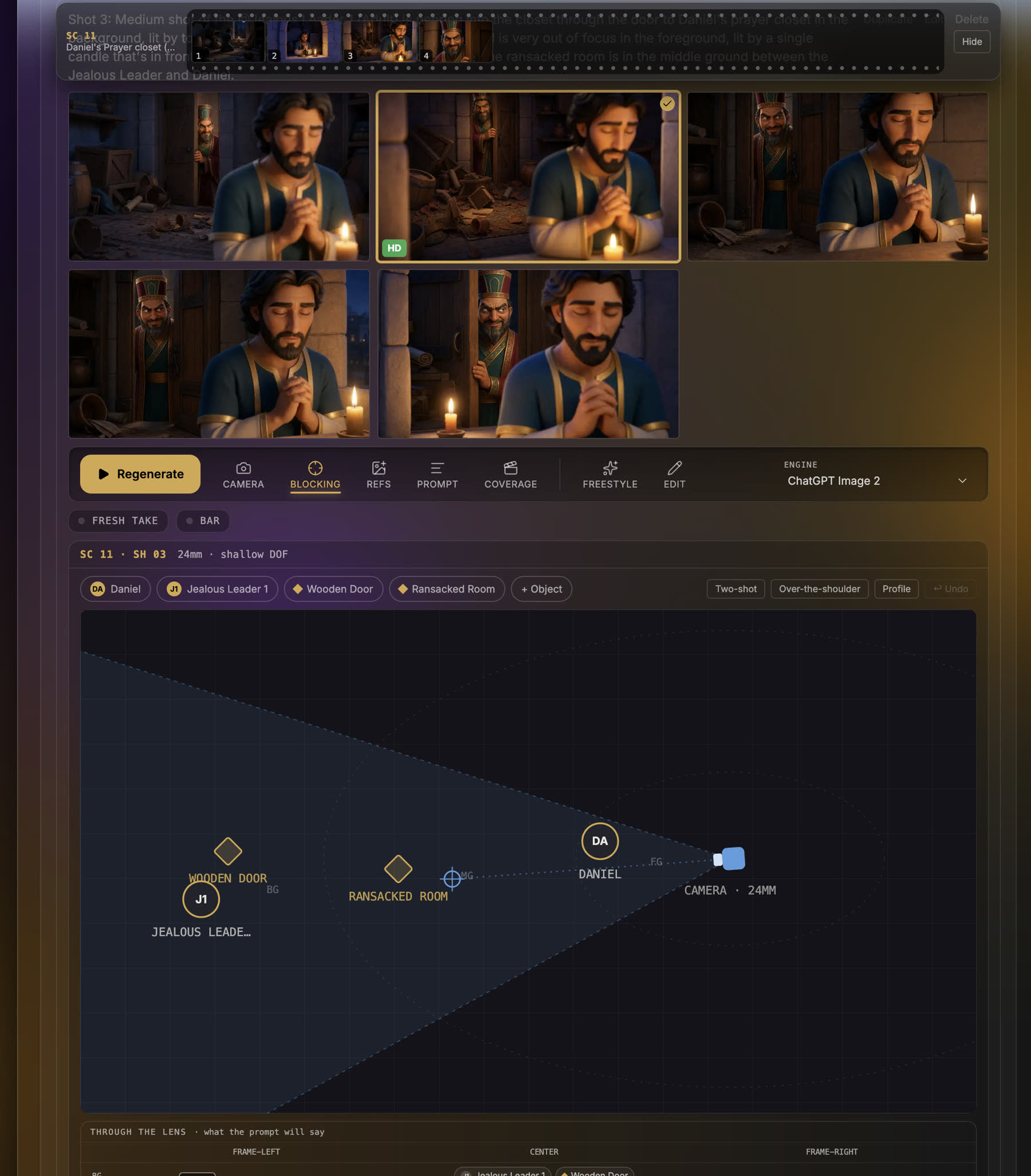 Pray Production Studio editor showing scene 11 shot 3: five generated takes above a top-down blocking stage with Daniel, the Jealous Leader, a wooden door, and a 24mm camera