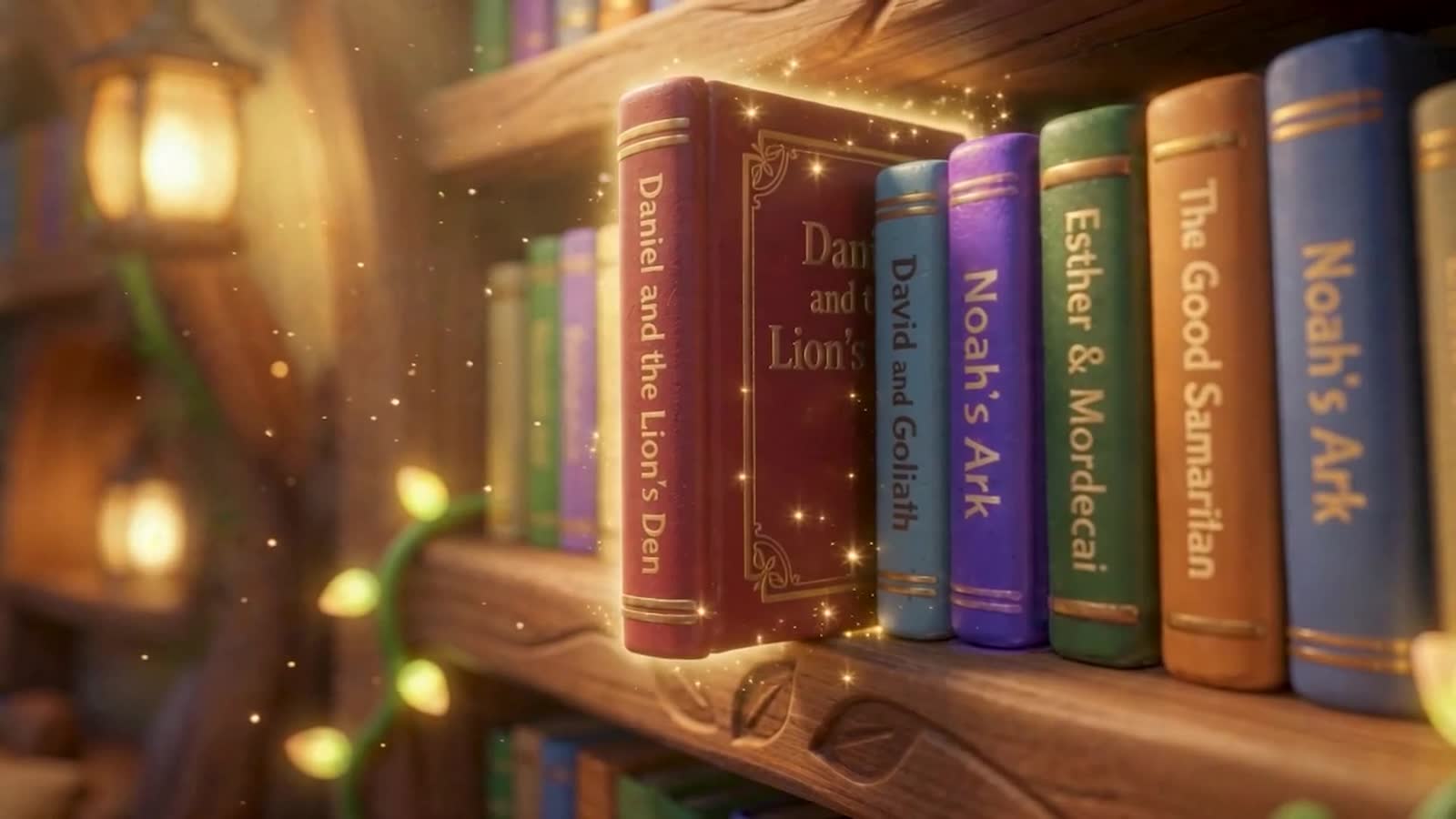 The storybook Daniel and the Lion's Den glowing on the treehouse shelf