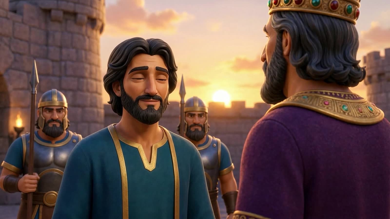 Daniel walking with a guard at sunset