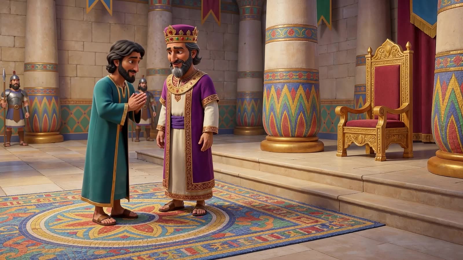 Daniel and King Darius talking in the palace throne room